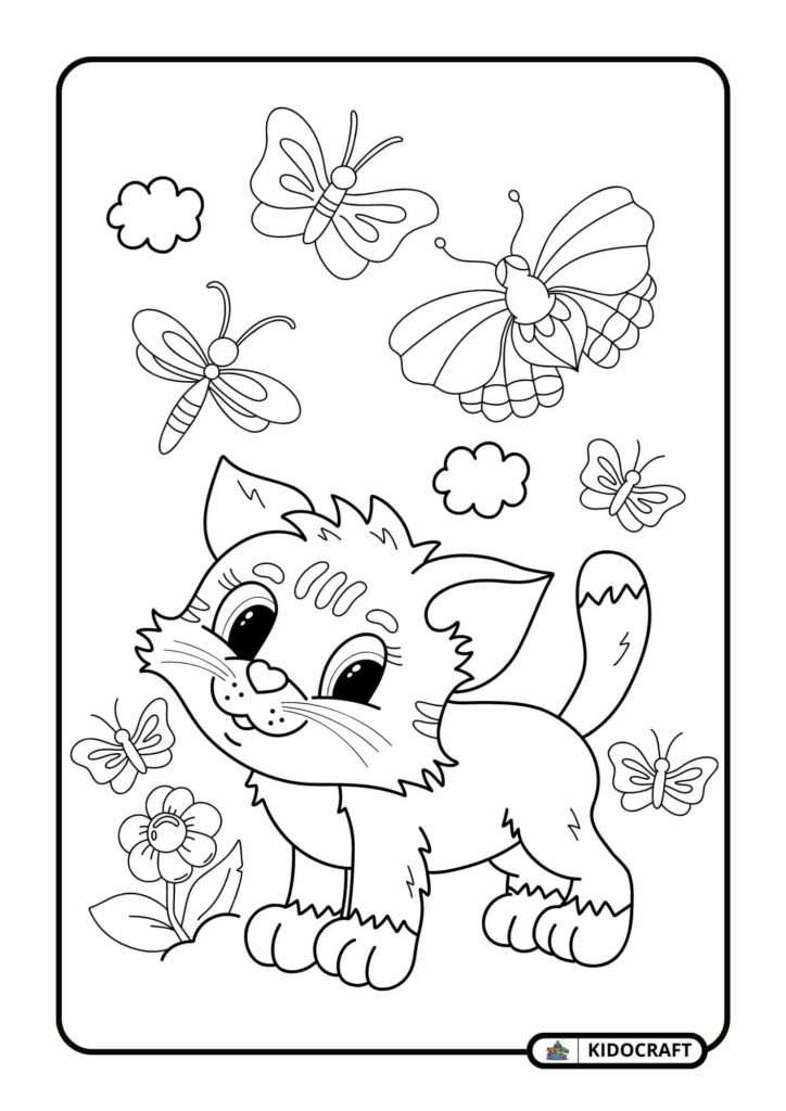 Little kitty Cat with Butterflies Coloring Pages